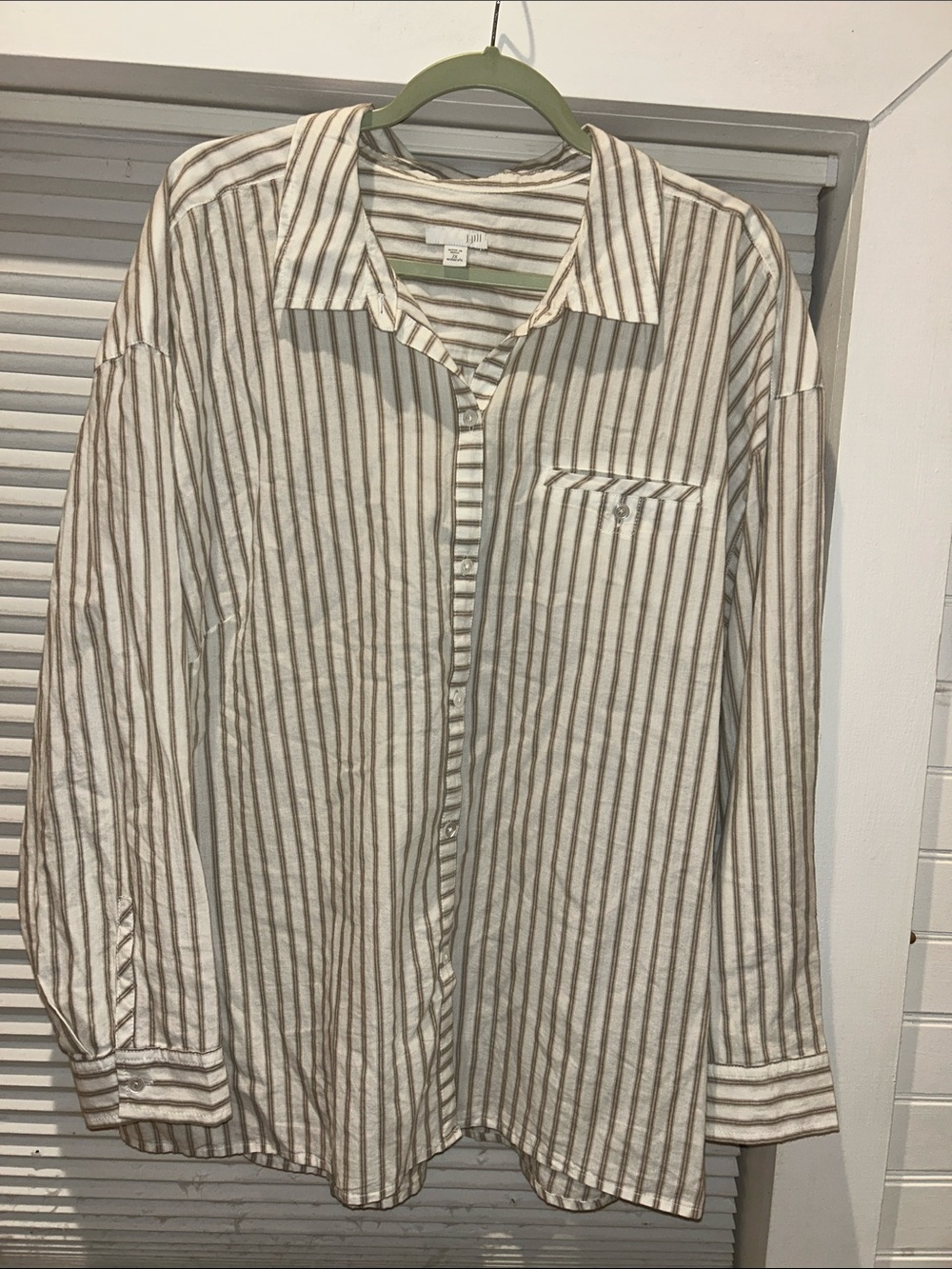 J.Jill Ticking Stripe Button Down Shirt Womens 2X Cotton Cream Taupe Side Slits